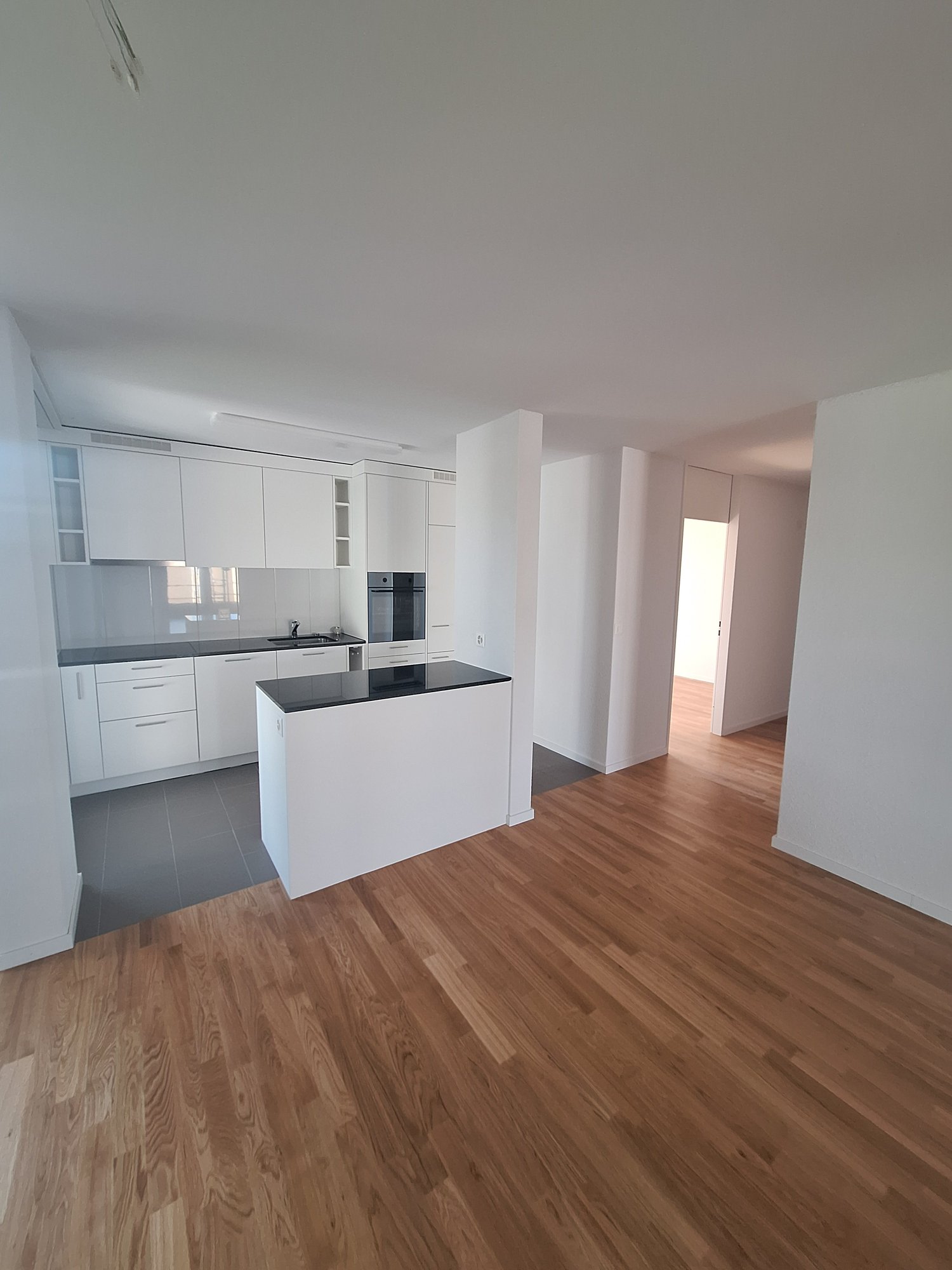 modern kitchen with white cabinets, black countertops, wooden floors, built-in oven and sink