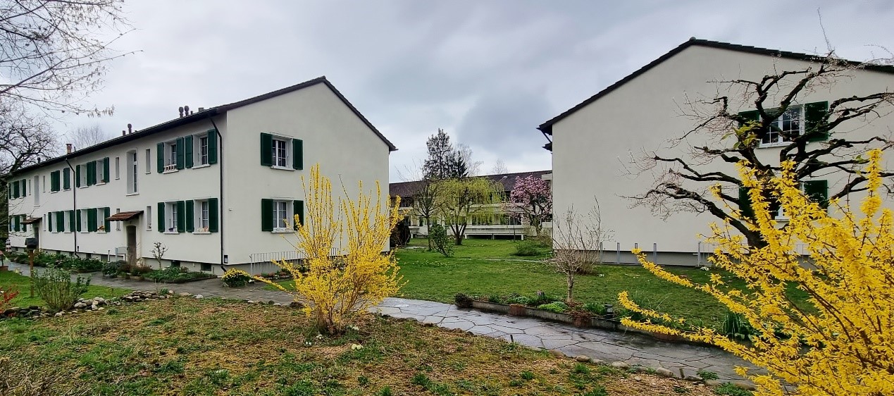 Two-story house, white exterior, green shutters, paved pathway, greenery