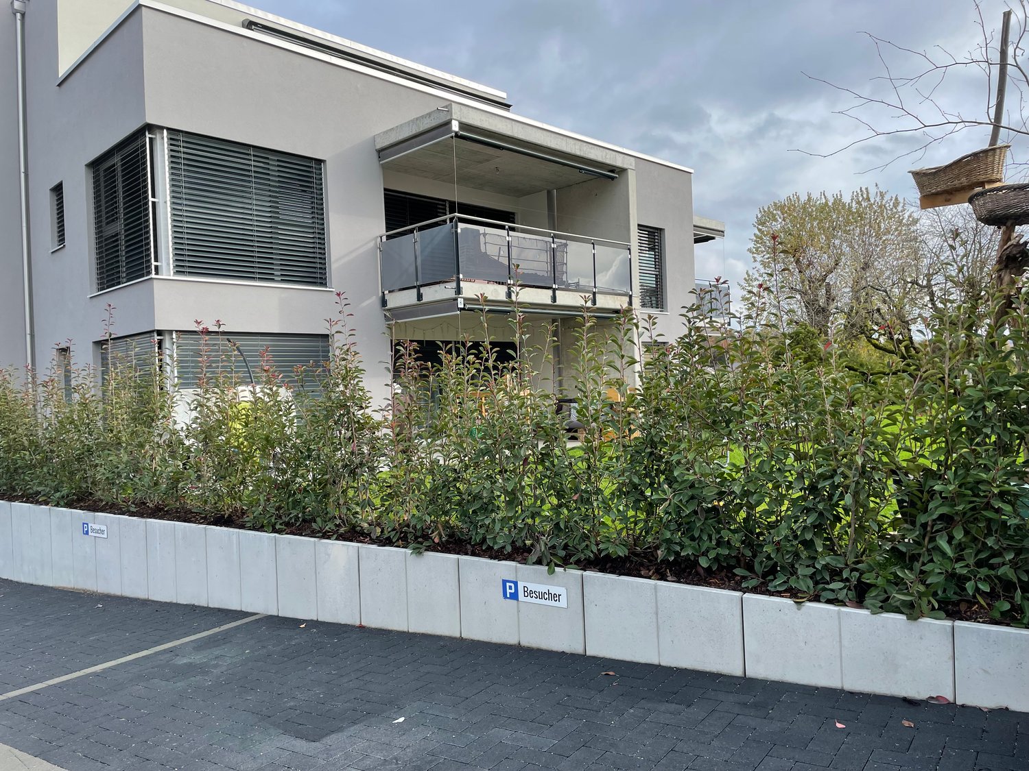 White modern building with gray windows, a balcony on the upper floor, a wall with plants, and a parking lot.