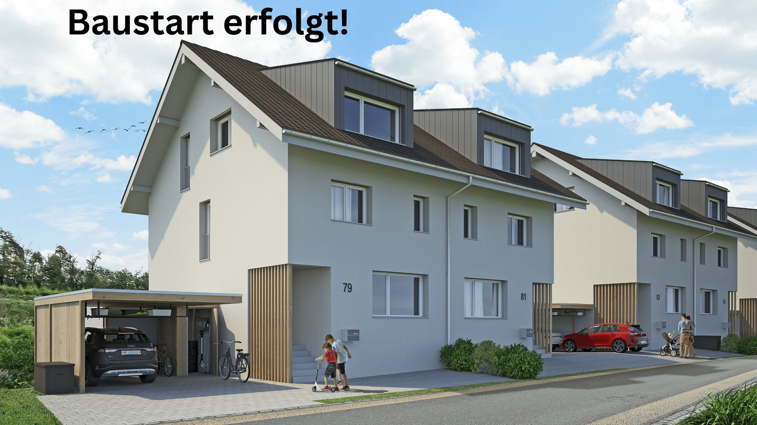 2-story residential building with gray exterior, brown roof, and multiple units. The building has a garage and parking spaces in the front.