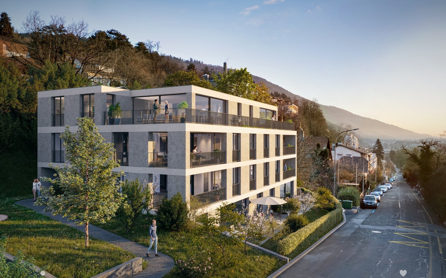Residential building, multiple floors, balconies, modern design, green surroundings
