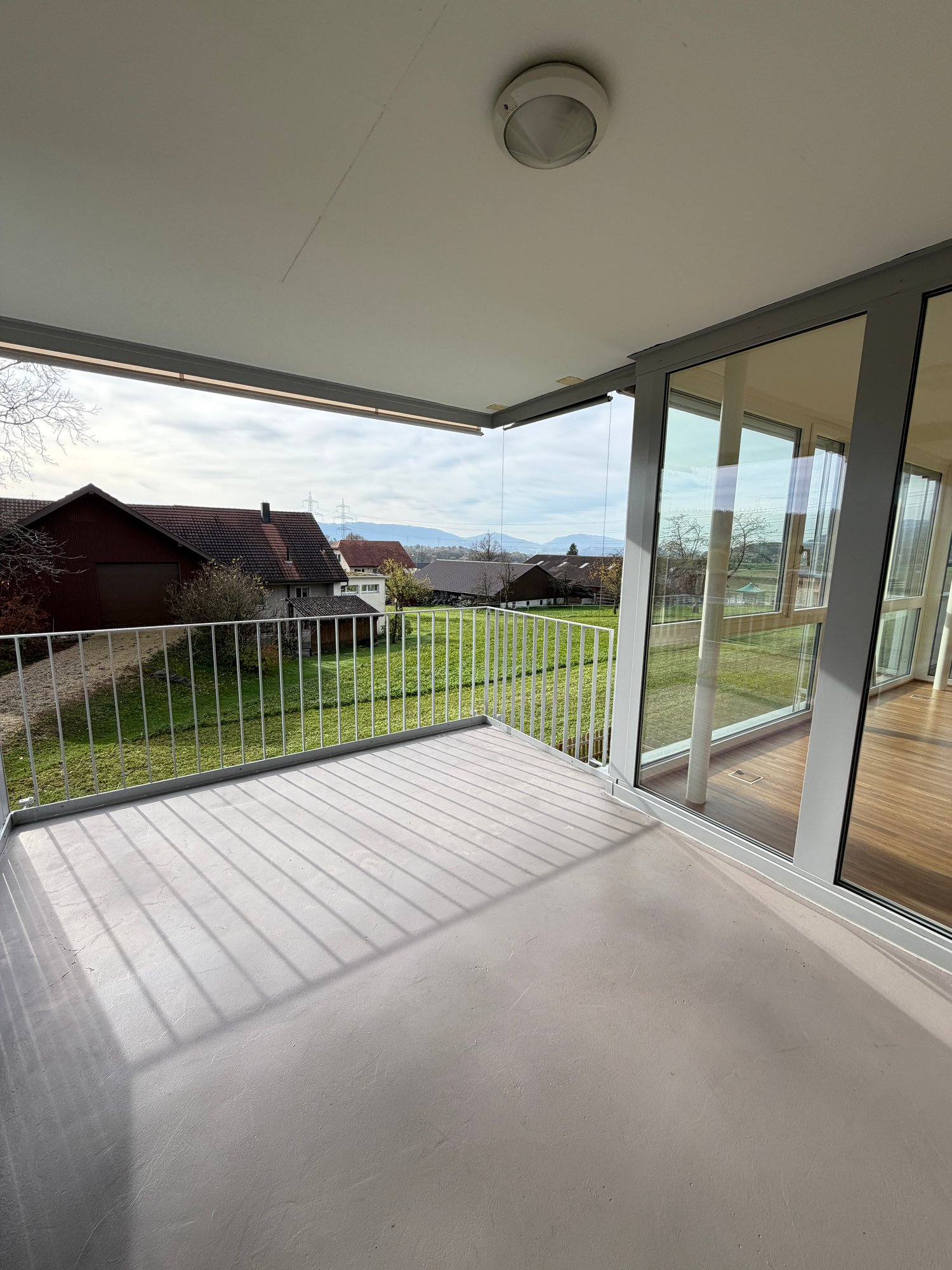 Terrace with wooden floor, steel railing, panoramic windows