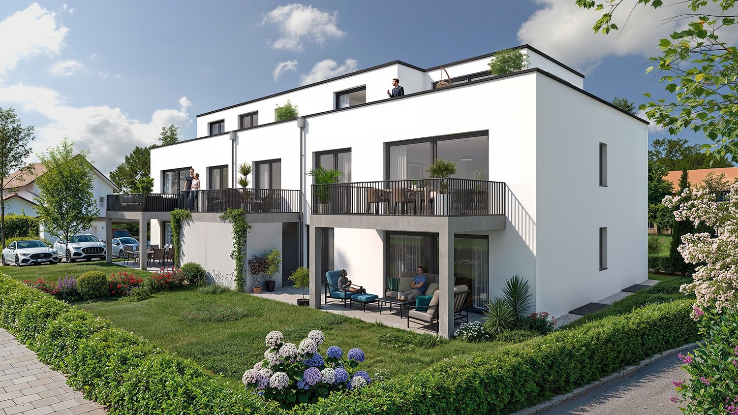 2 story house, white facade, two balconies, garden, three cars parked