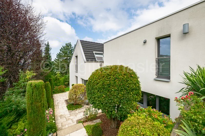 modern white house, brick walkway, grey roof, windows, green bushes, shrubs