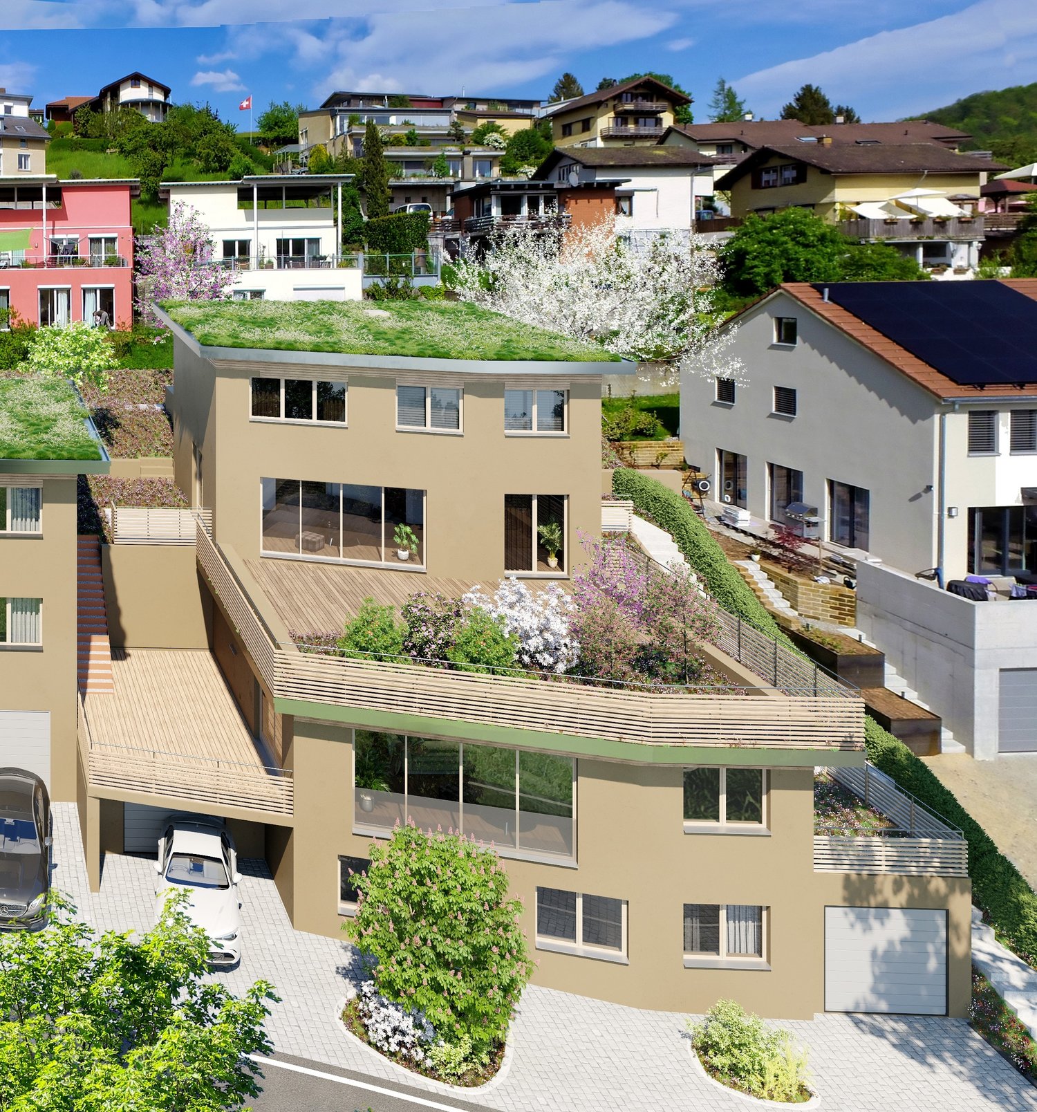 Multi-story apartment building with balconies, parking spaces, and landscaped gardens in a hilly, residential area with other buildings and trees