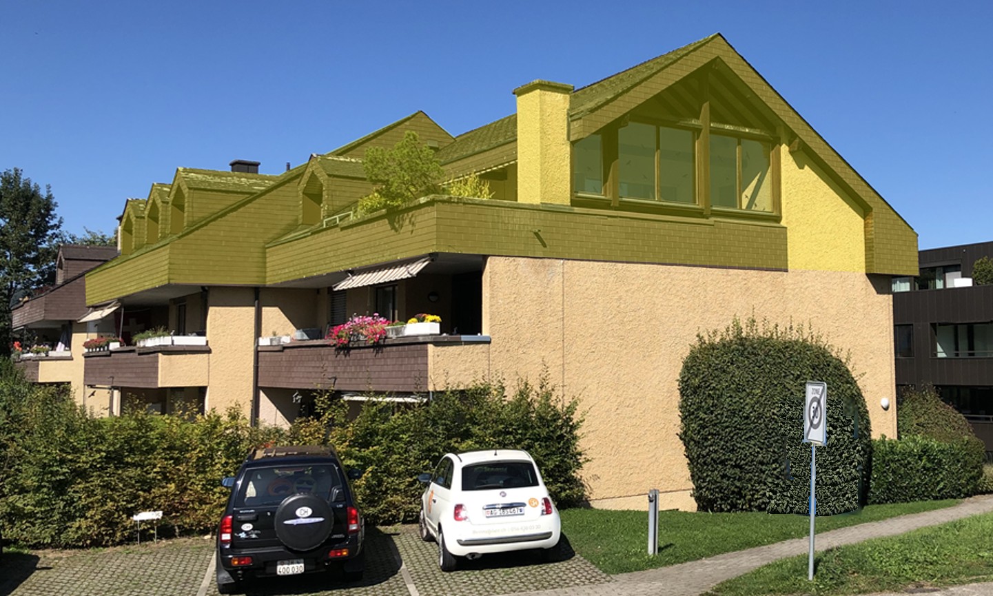 2-story building, yellow roof, balcony, parked cars, trees, bushes, potted plants