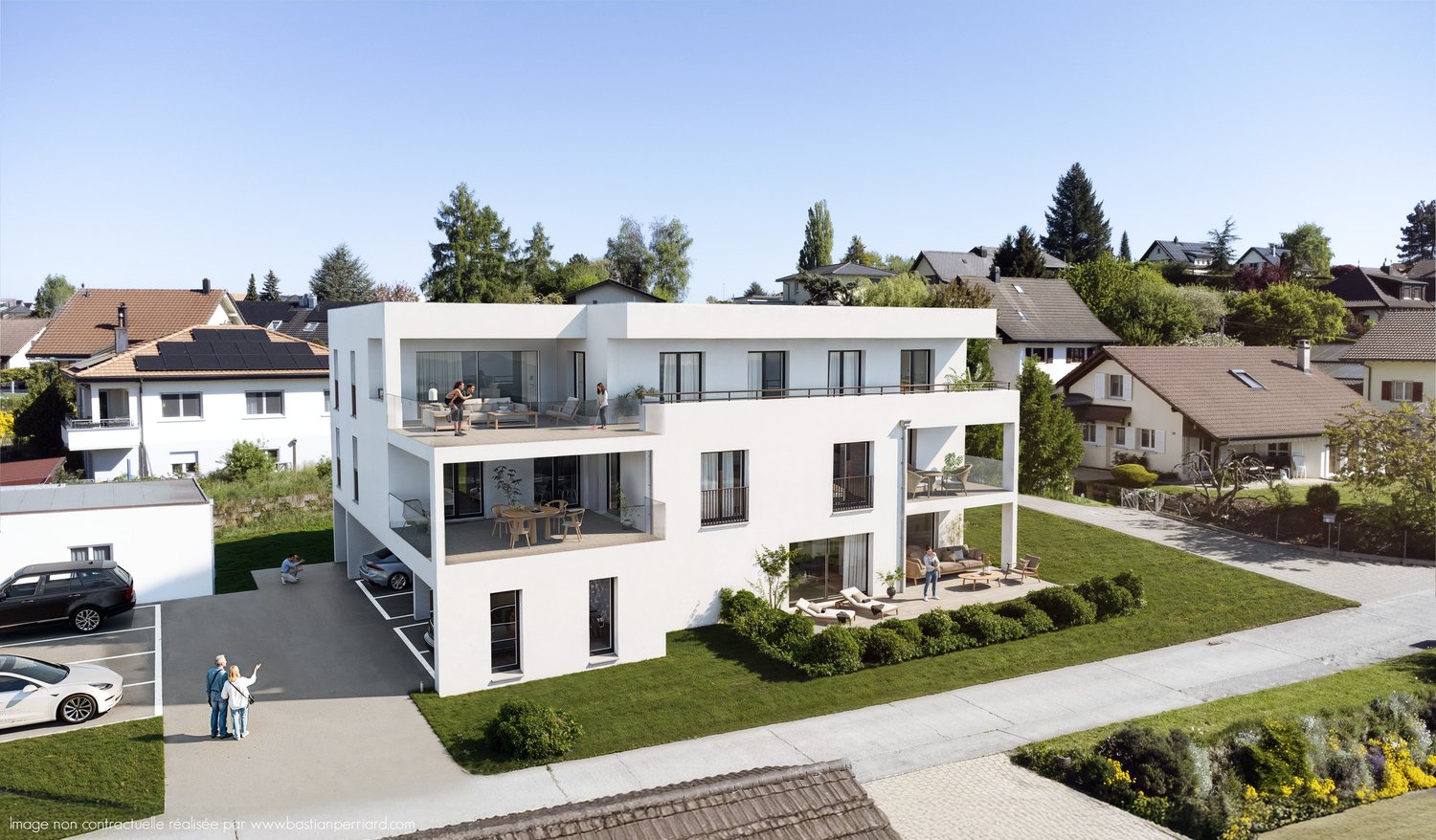 Modern white house, 3 stories, multiple balconies, car parking