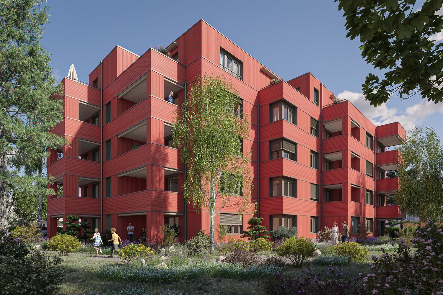 Contemporary red multi-storey building, multiple balconies, well-landscaped garden