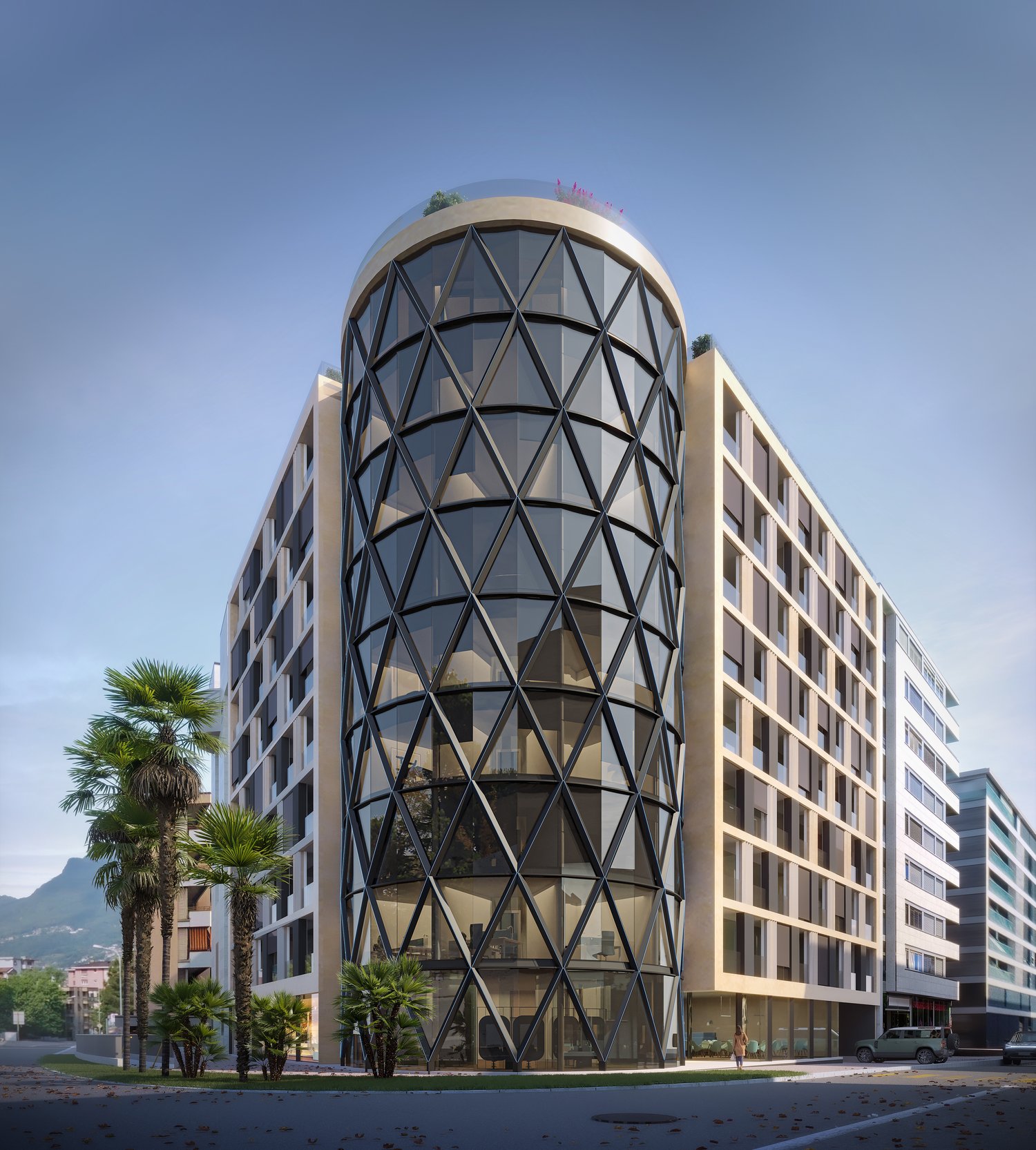 Modern apartment building with geometric design, glass facade, rooftop terrace, and palm trees in front