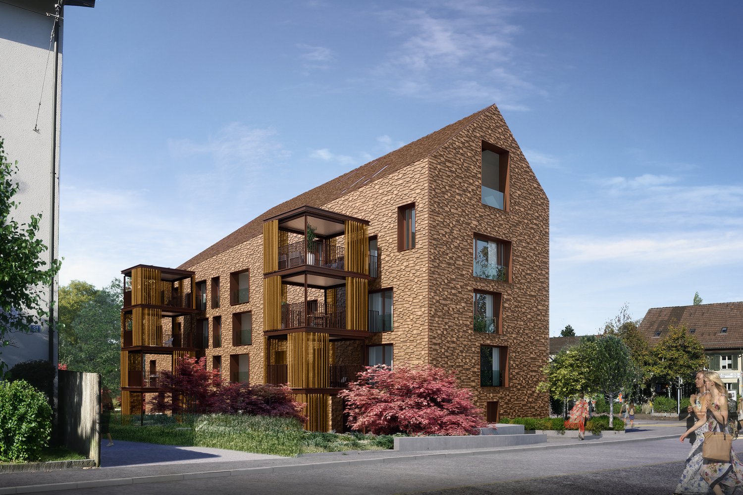 Modern apartment building with brick facade, wooden balconies, and a triangular roof design.