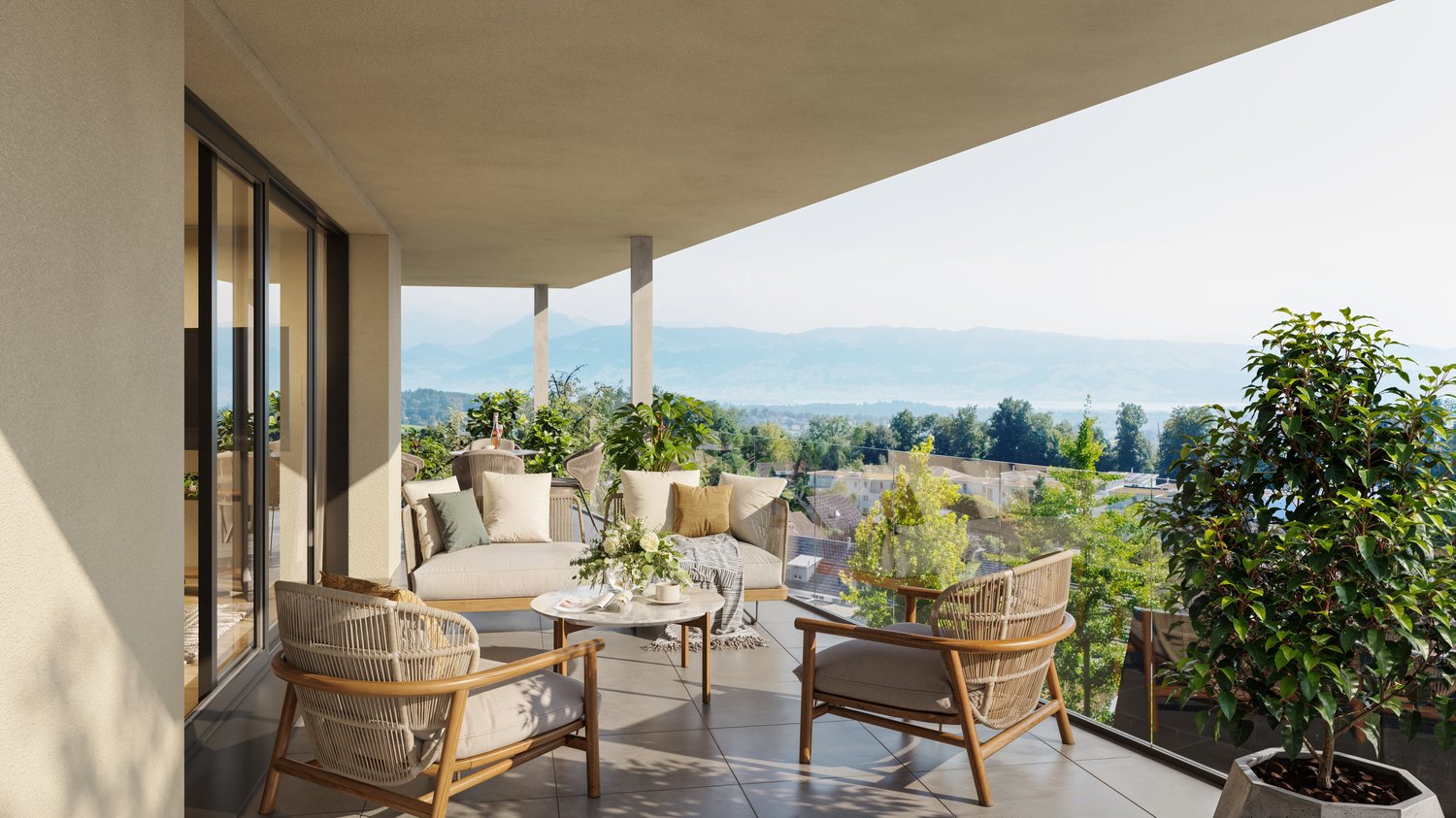 Balcony with outdoor furniture, glass railing, plants, table, view of mountains
