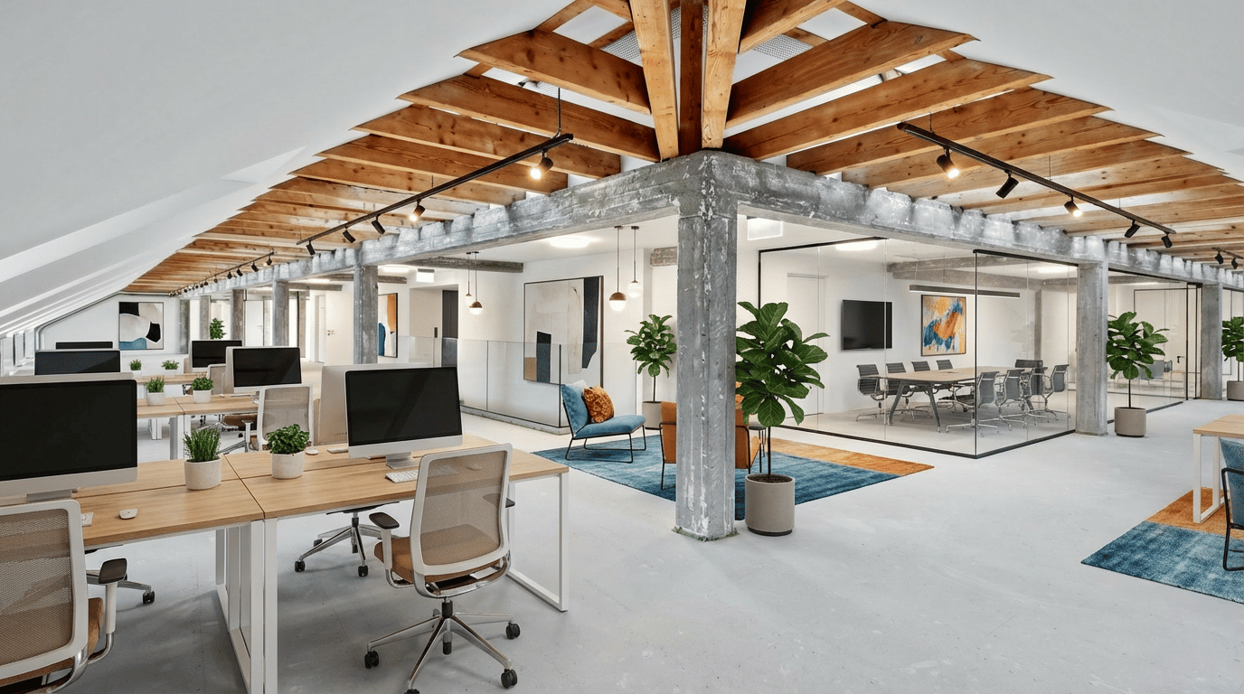 modern office space with wooden beams, glass walls, desks, chairs, plants, meeting table, monitors, and lamps