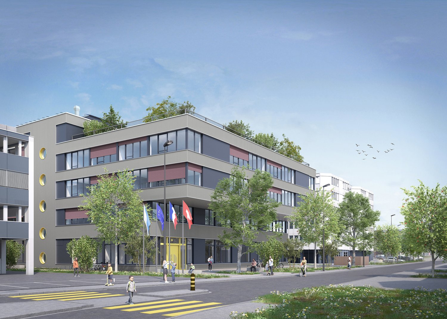 6 story building, red and gray color scheme, 14 windows, green roof, flagpoles, large trees