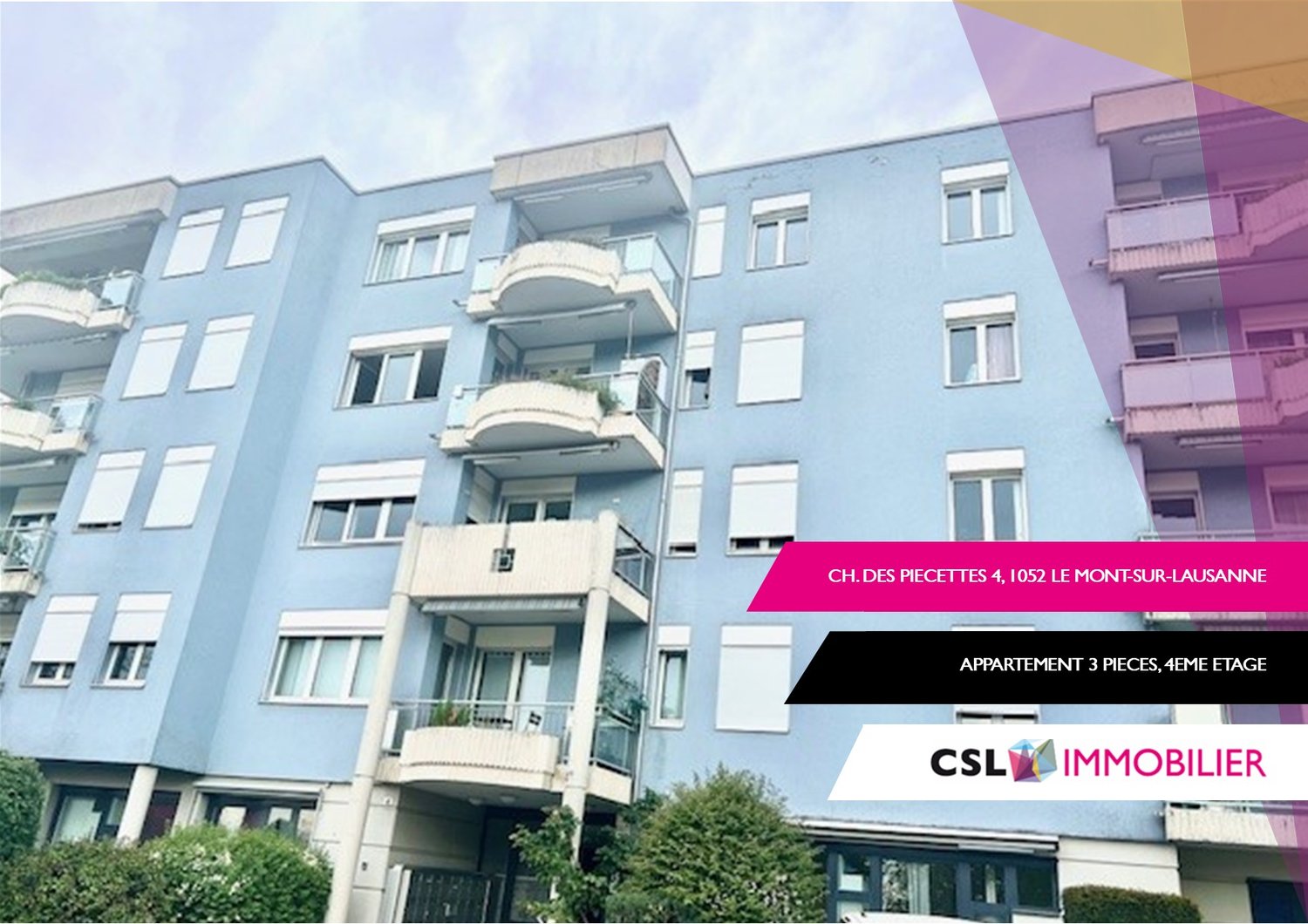 An apartment building with blue exterior, multiple balconies, white trim around windows, located in Le Mont-sur-Lausanne.