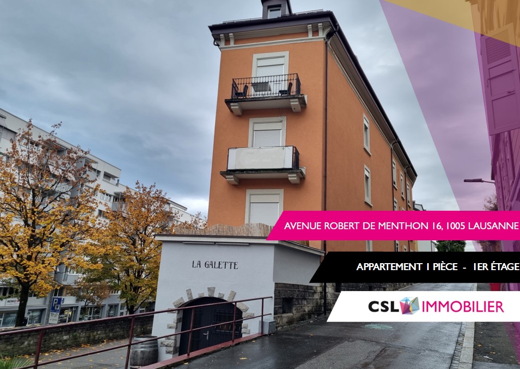 1-bedroom apartment on the 1st floor, orange building with balconies, located on Avenue Robert de Menthon 16 in Lausanne