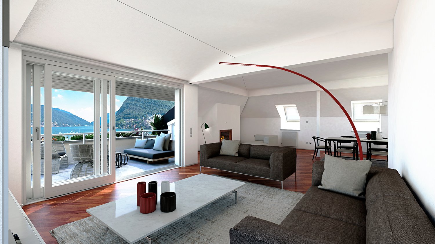 modern design, wooden floor, white walls, large sliding glass door, balcony, white coffee table, couch, view of the mountains and the sea