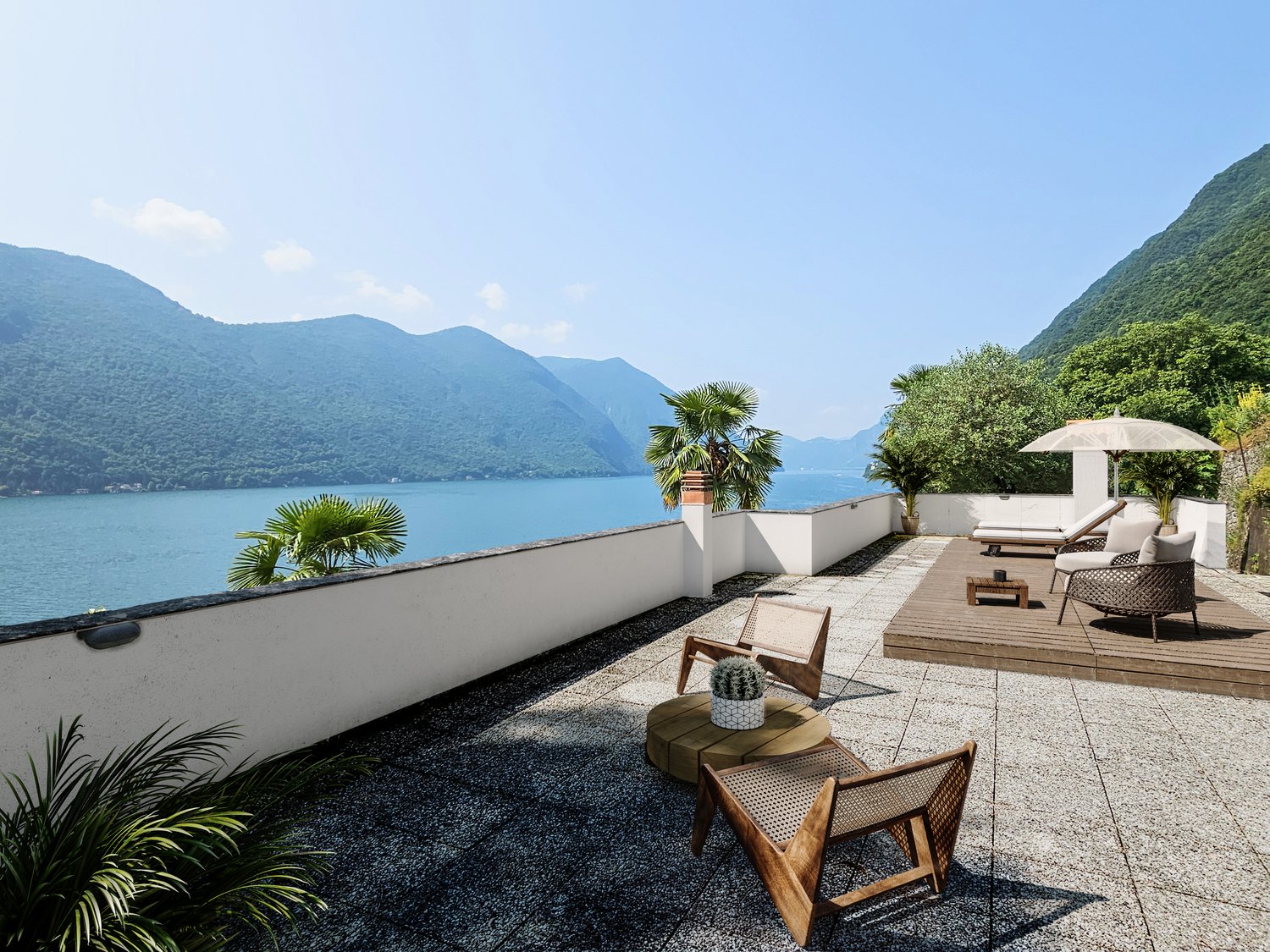 terraced outdoor space, modern furniture, umbrella, table, view of mountains and lake