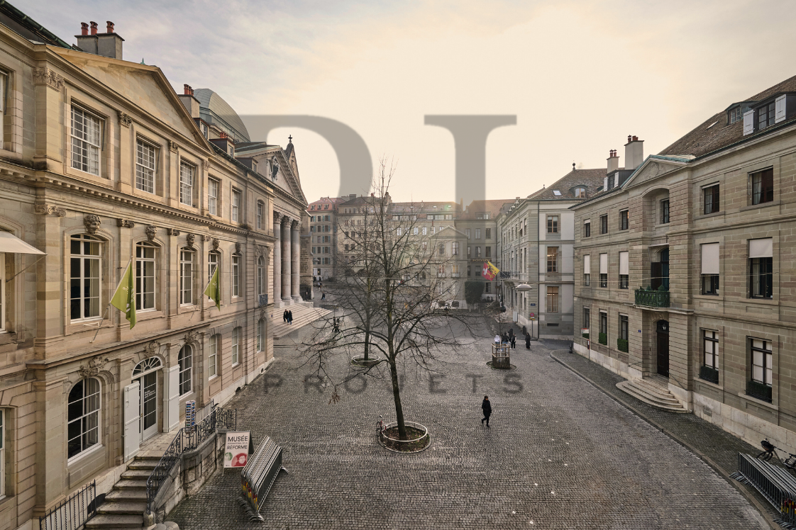 The image shows a historic city square with ornate buildings, cobblestone streets, and a lone tree in the center. There are people walking through the square, and the overall atmosphere appears to be one of a quaint, European-style urban setting.
