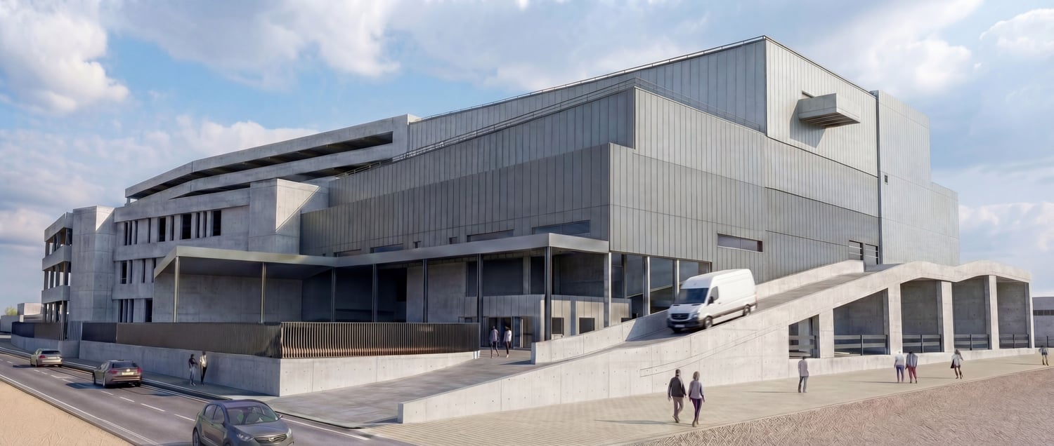 modern building, raised ground floor, multiple floors, car delivery ramp