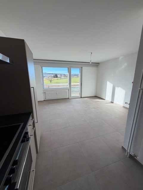 tiled floor, large glass window, white walls, ceiling lamp, kitchen area with black countertop