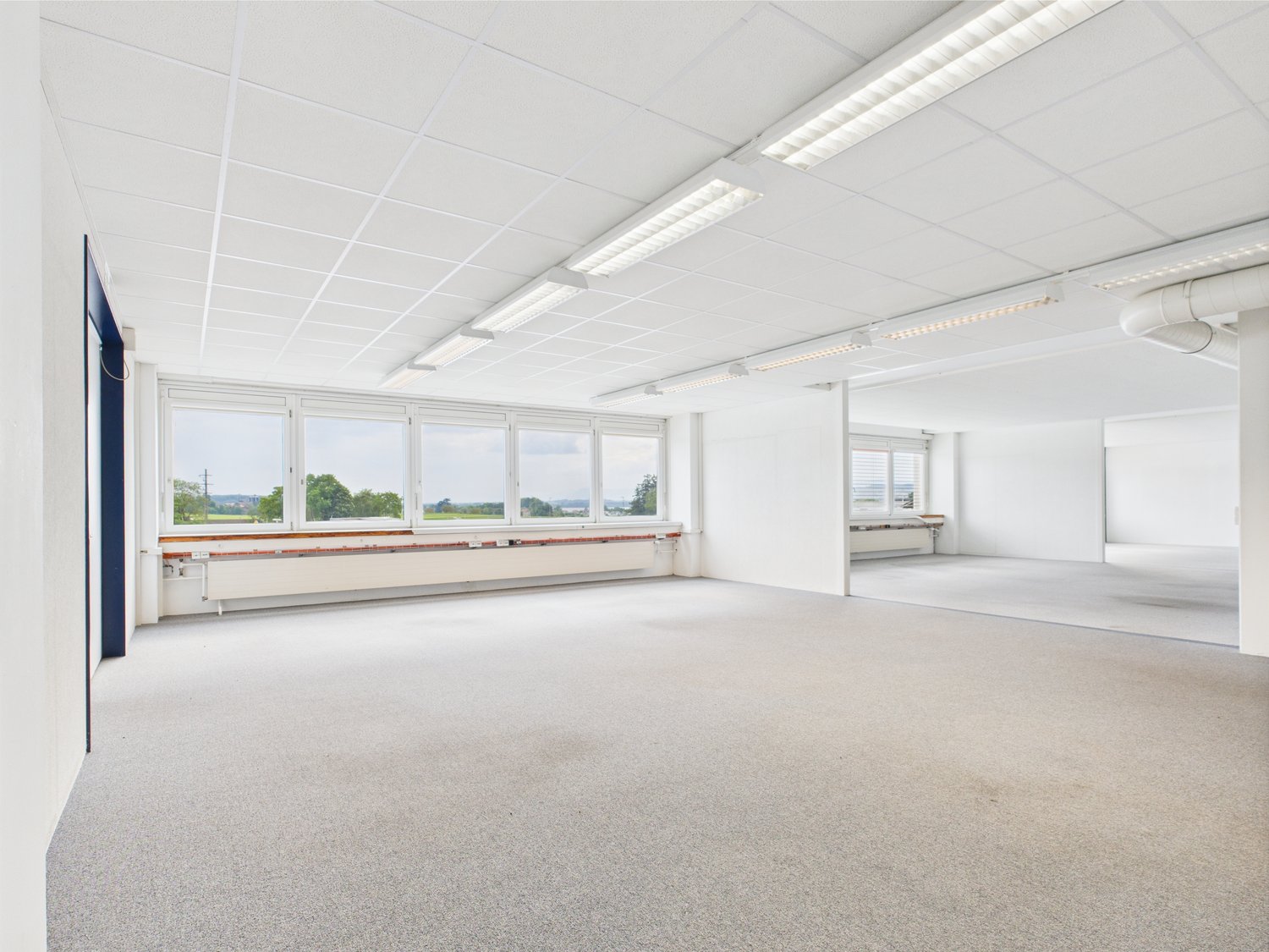 Empty room, large windows, radiators, gray carpet, fluorescent ceiling lights