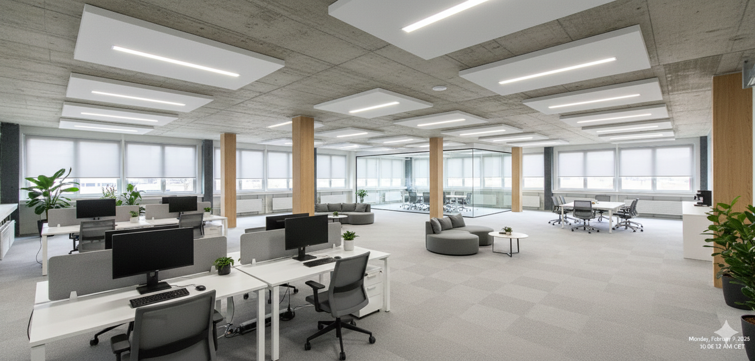 modern office space with desks, monitors, chairs, round sofa, windows, potted plants, and a central meeting area