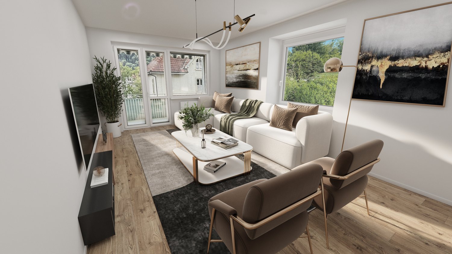 modern living room with white walls, large windows, a white couch, wooden floor, marble coffee table, lamps, brown chairs, potted plants, framed pictures, and a television mounted on the wall