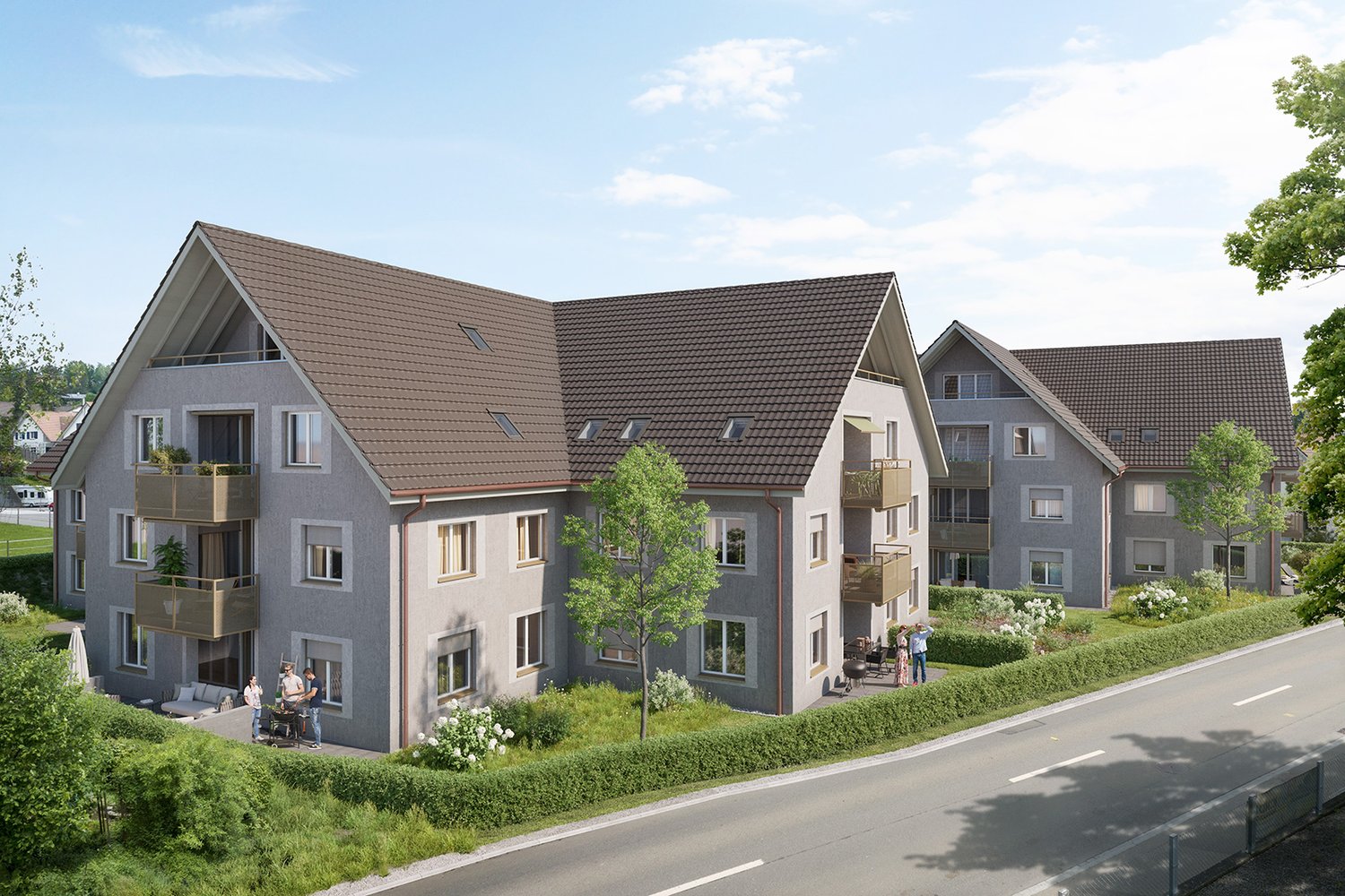 4 unit apartment building, brown roof, gray walls, balconies, small garden, roadside