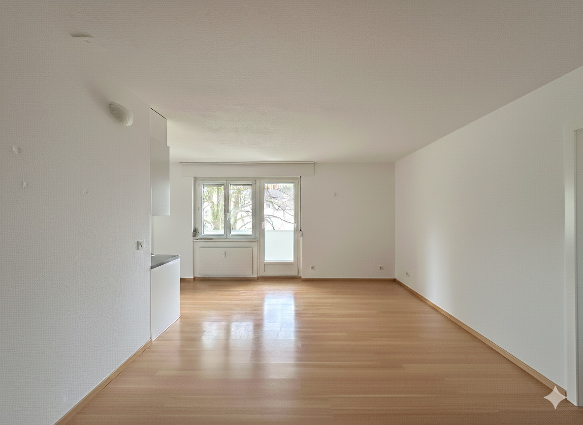 empty room with white walls, wooden floors, large windows, no furniture