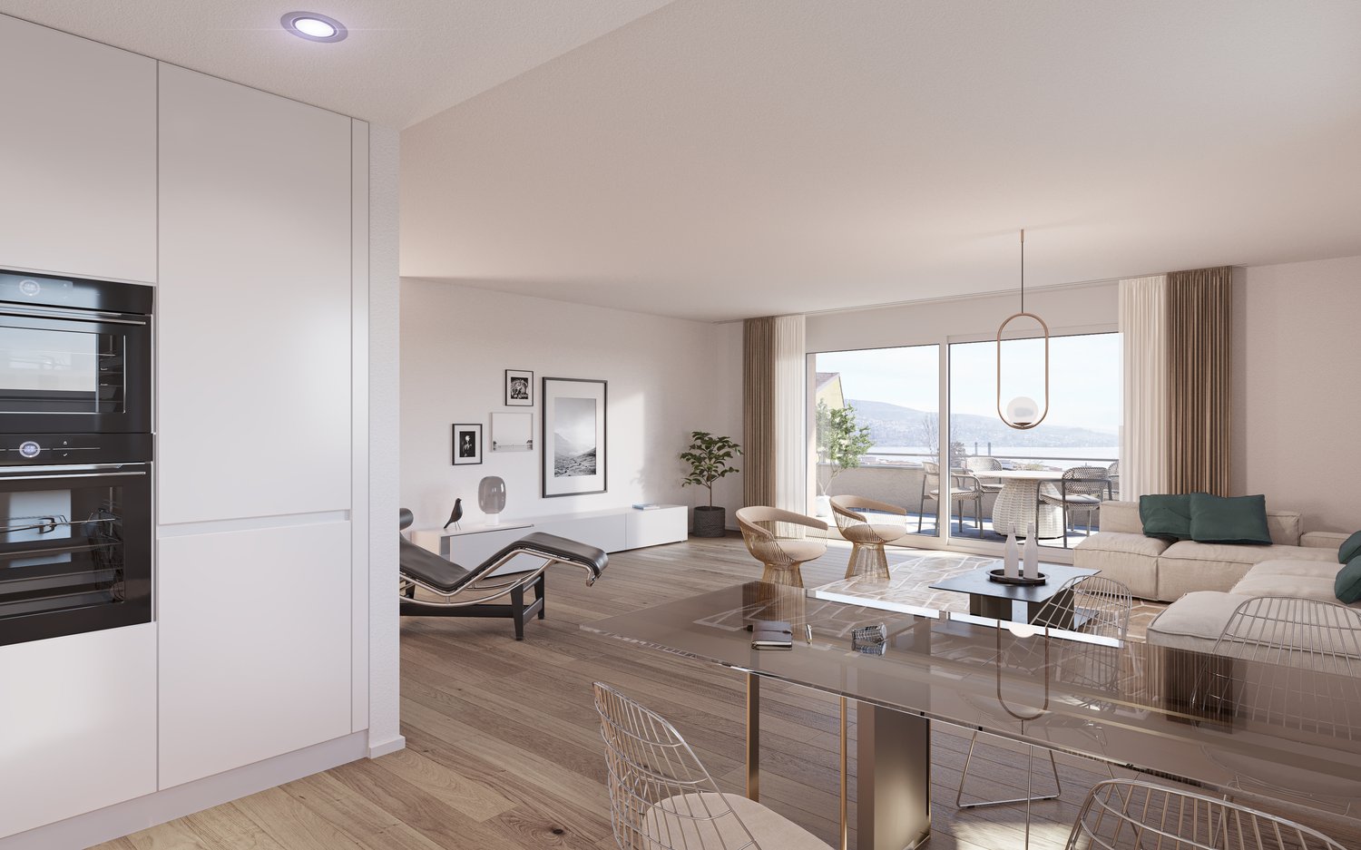 Open floor plan, living room with large windows, wooden floor, glass table, lounge chair, potted plant, kitchen with integrated oven and dishwasher, glass doors, balcony