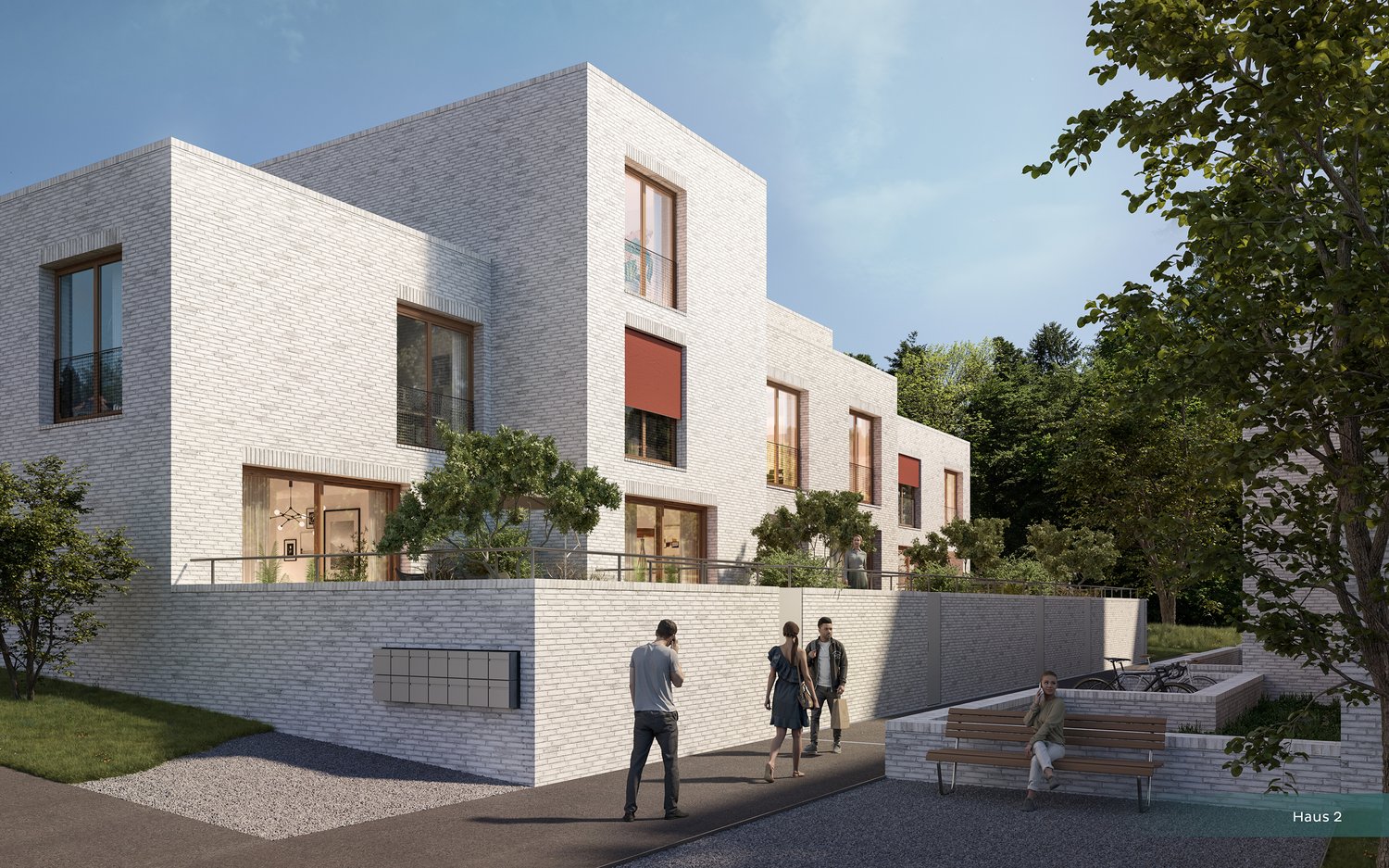 modern brick apartment building with multiple balconies, entrance area with trees and benches