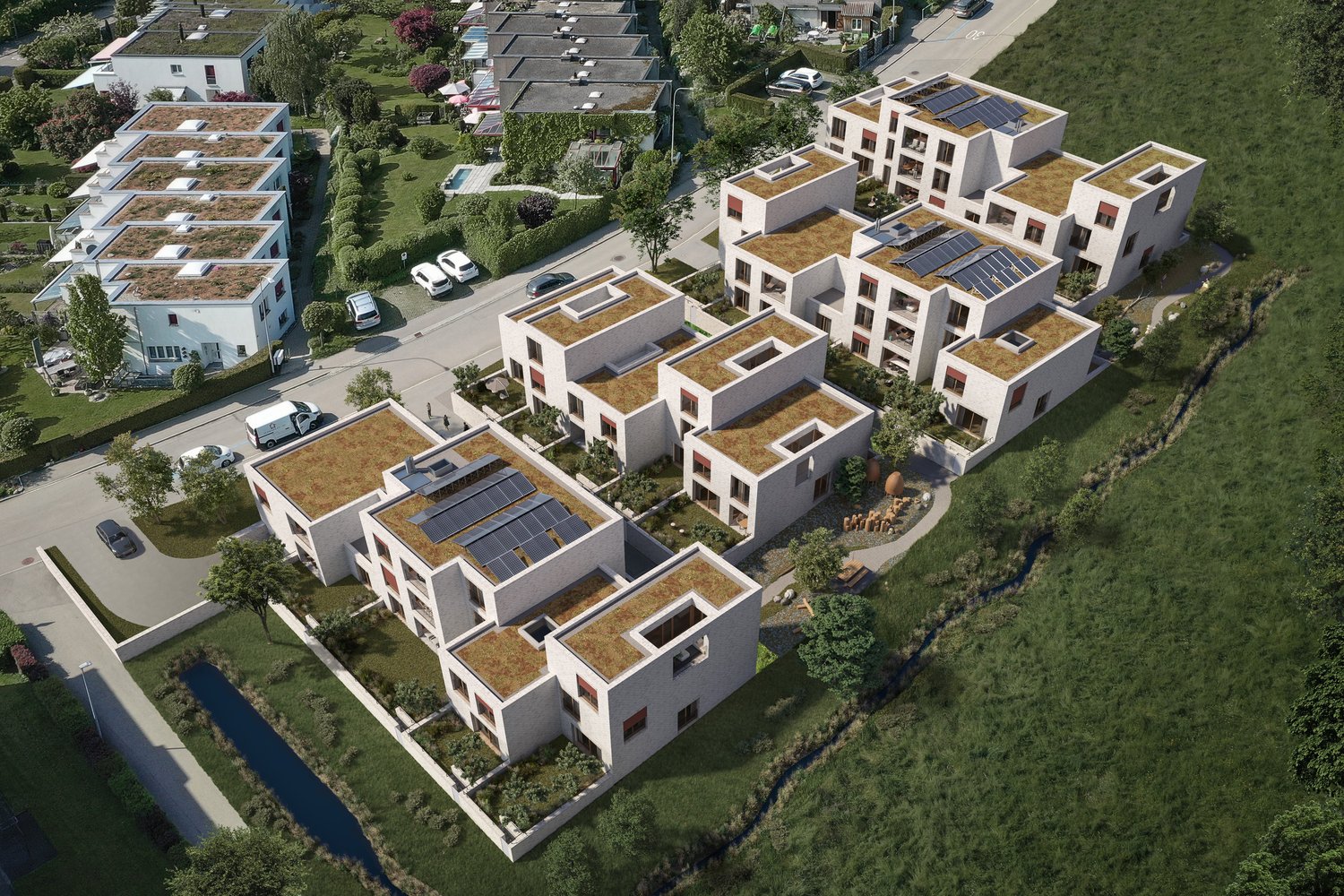 Solar panels on rooftops, balconies, raised ground floor