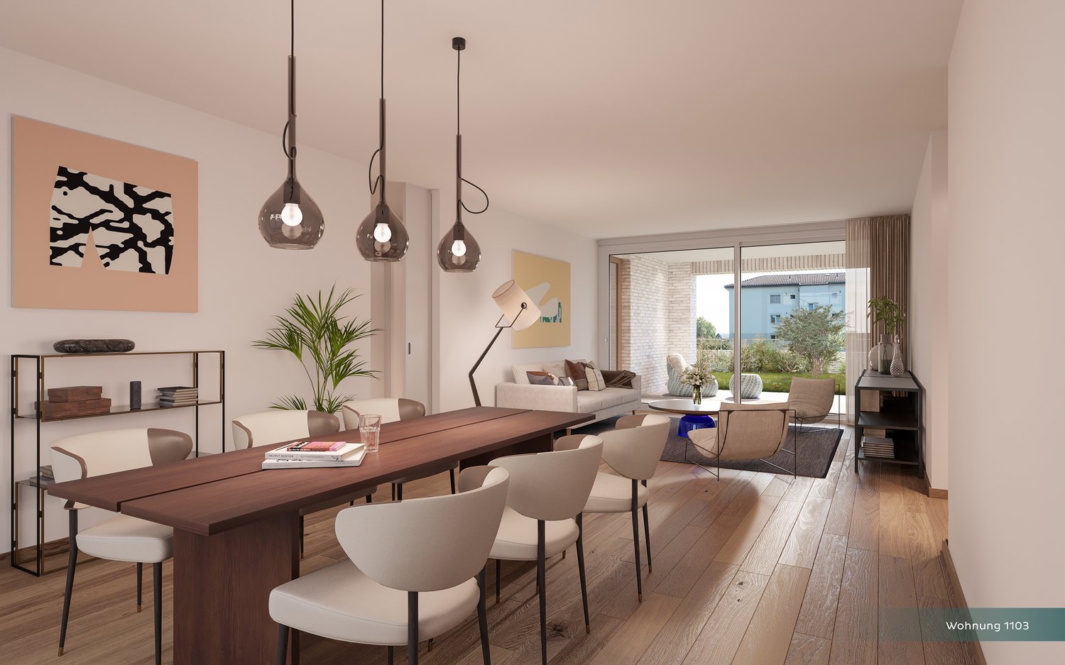 modern dining room with large table, wooden floors, white chairs, plants, paintings, glass walls, living room view