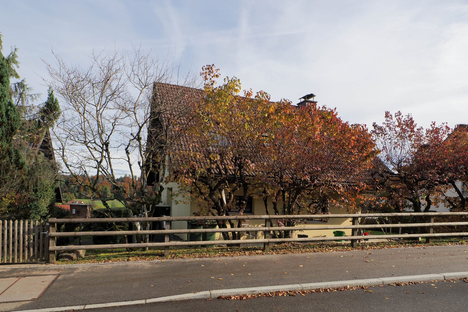 Single family house, tiled roof, yellow exterior, wooden fence, trees in front