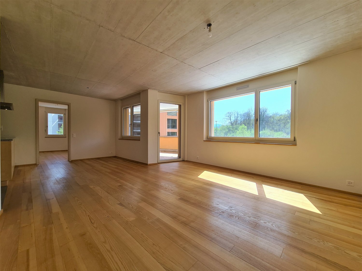 large empty room, hardwood floors, glass doors leading to balcony, large windows