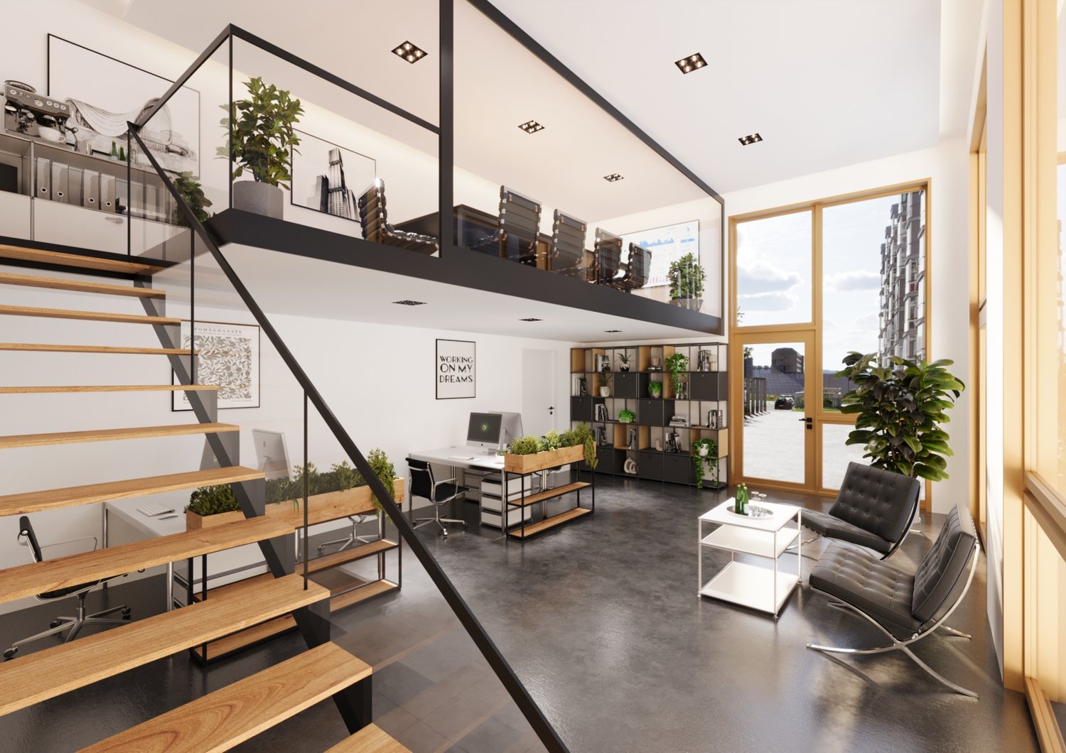 Open concept office space with concrete floors, black metal shelving units, wooden desks and chairs, potted plants, and large windows providing natural light and a view of the city outside.