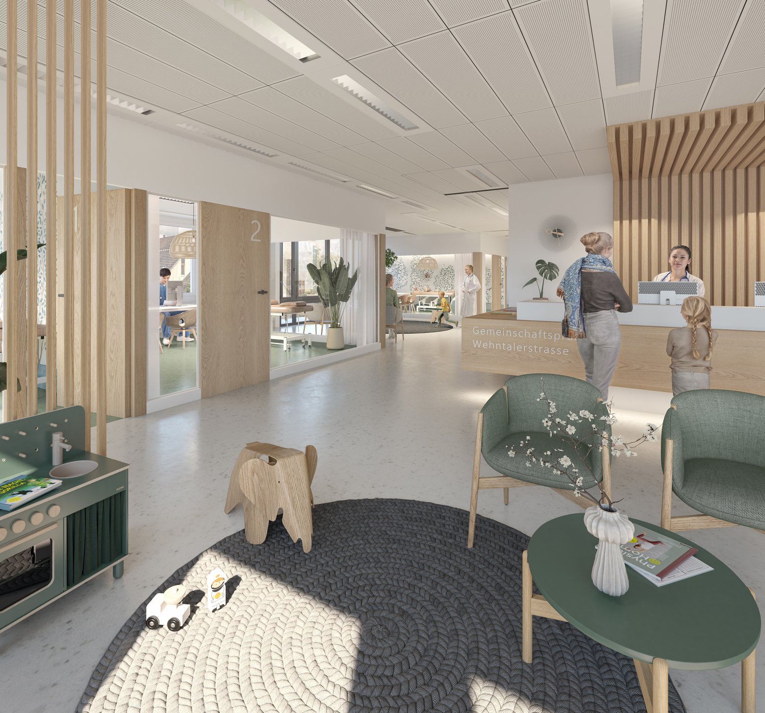 Reception area, waiting area, consultation rooms, open floor plan, natural light, wooden elements, modern furniture, plants, children's play area