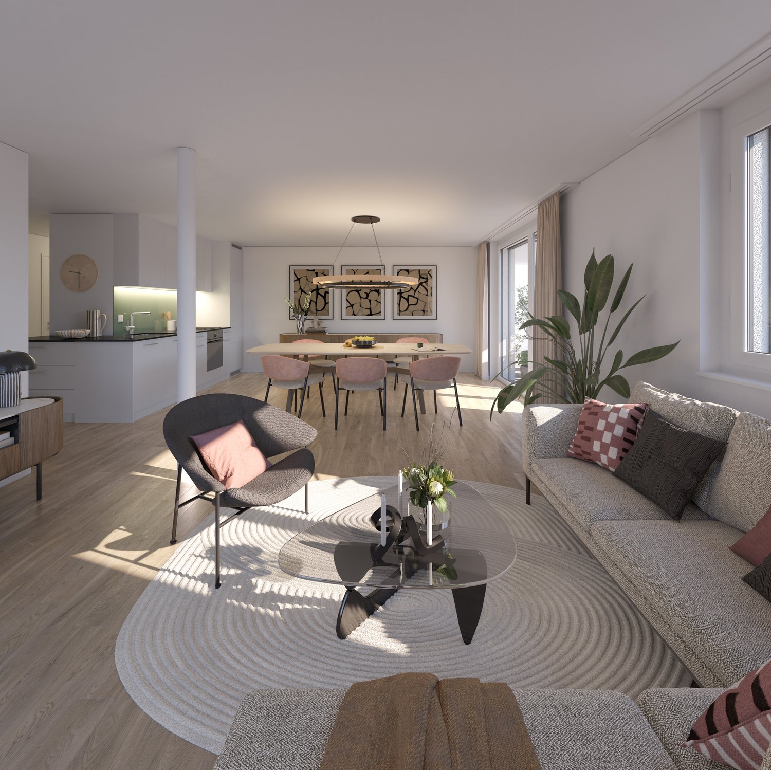 open plan living area, dining area, kitchen, round glass coffee table, couch, carpet, chair, 6 chairs, large dining table
