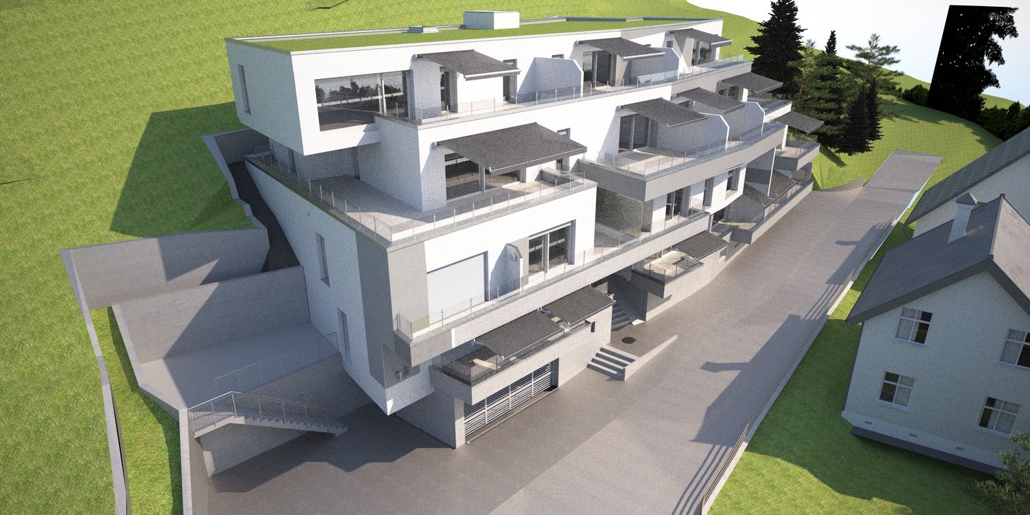 Modern multi-level residential building with a complex architectural design, featuring balconies, terraces, and a garage with parking spaces.