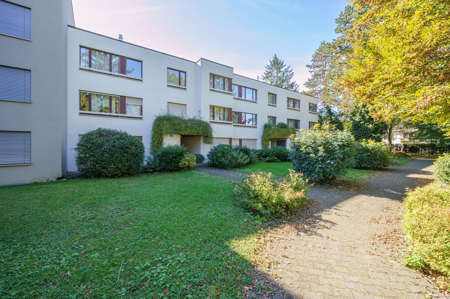 White building with multiple windows and glass doors, small green lawn with shrubs and plants, paved pathway, large trees