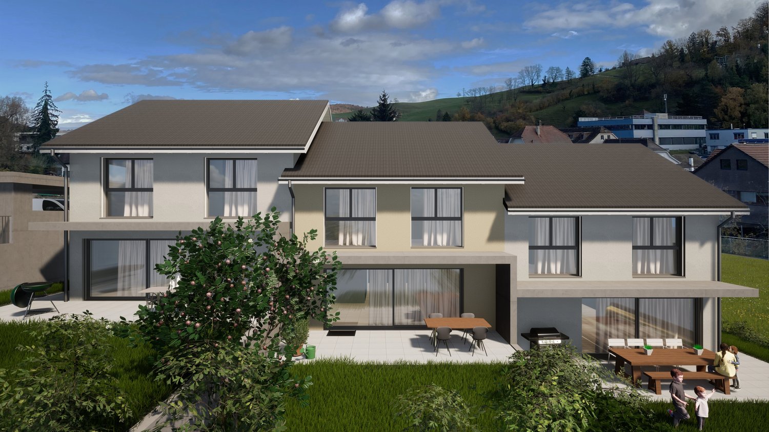 two story house, raised ground floor, terrace, multiple windows, modern design, outdoor seating area