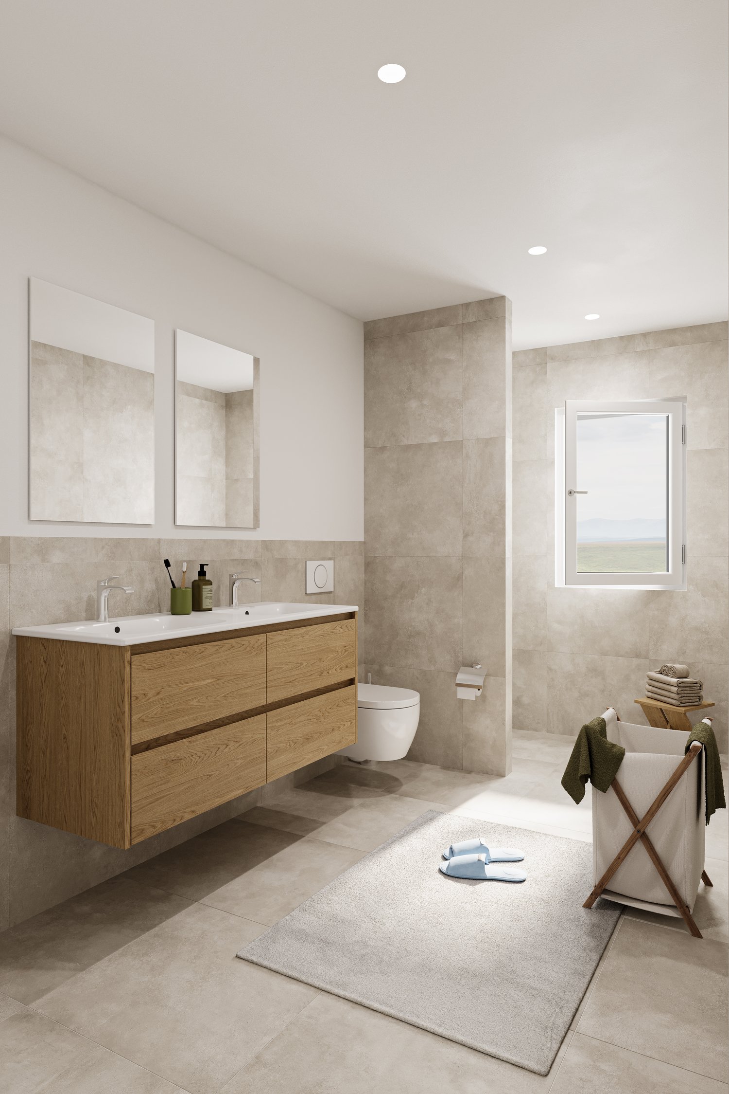 Spacious bathroom with a modern vanity unit featuring a wooden cabinet and white countertop, a toilet, and a large window providing natural light. The walls are tiled in a neutral color scheme, and there is a towel rack and other bathroom accessories visi