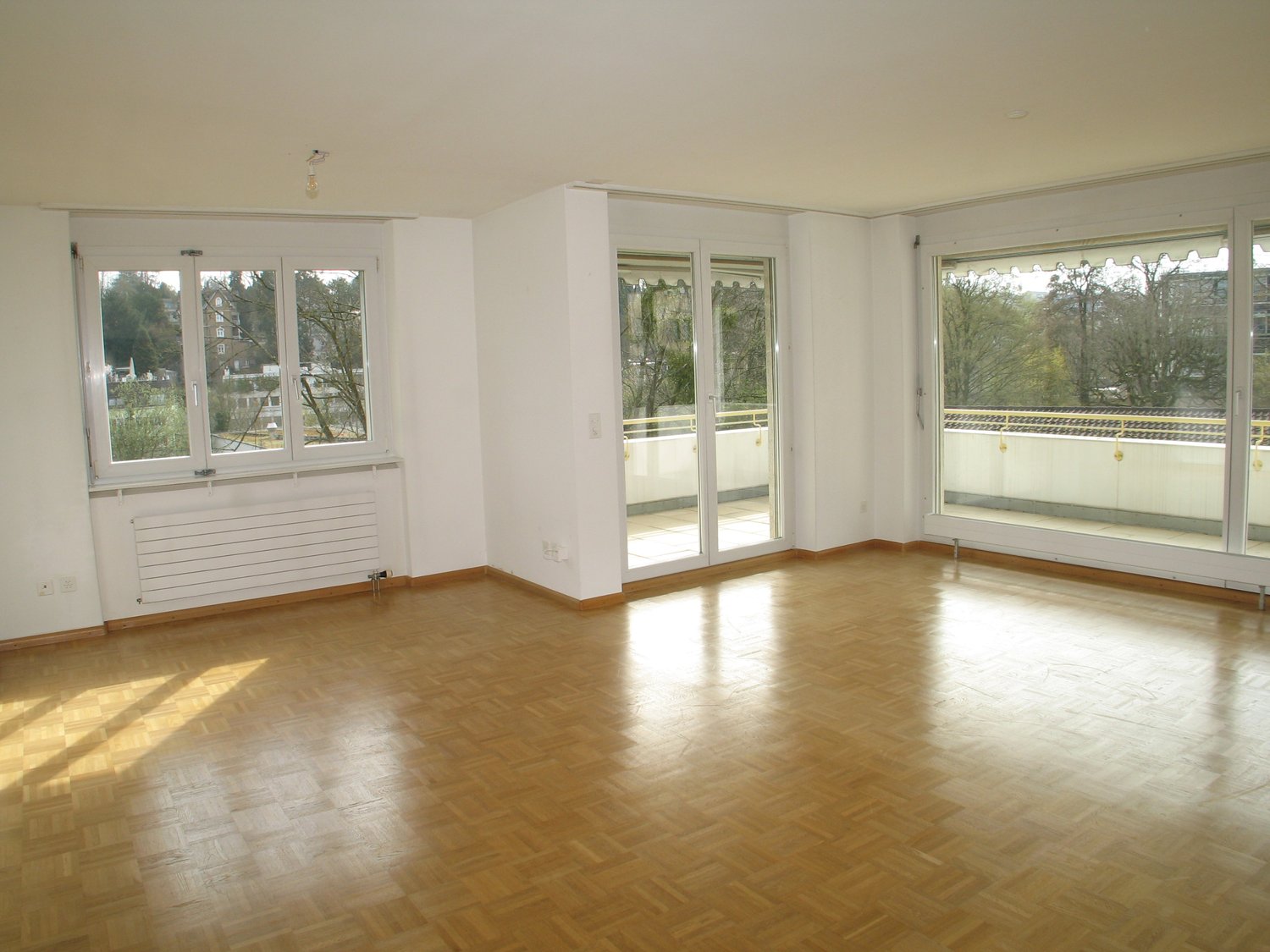 Spacious room, wooden floor, large windows, balcony, trees view