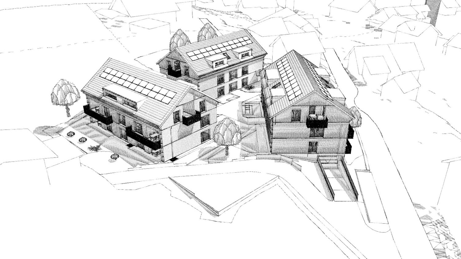 multiple houses with solar panels, balconies and a landscaped garden