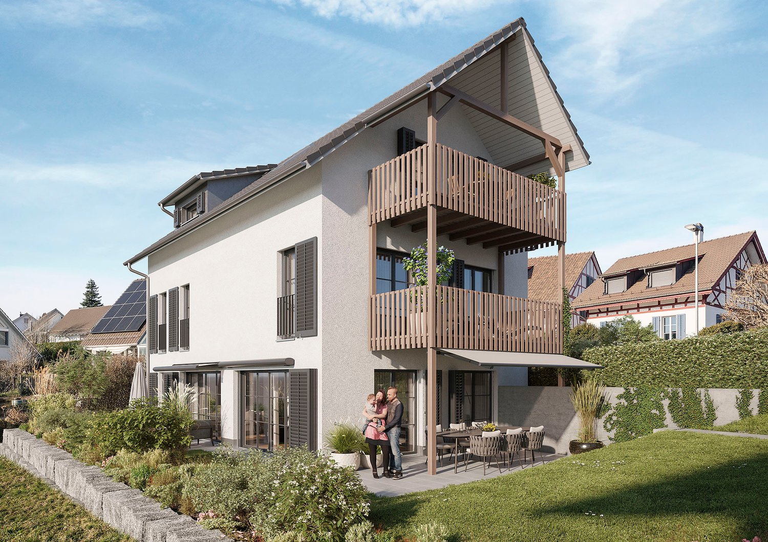 2-story house with a balcony, wooden railings, and a patio area in the front yard. The house has a modern, gray and white exterior with large windows. There is a parking space visible in the front of the property.