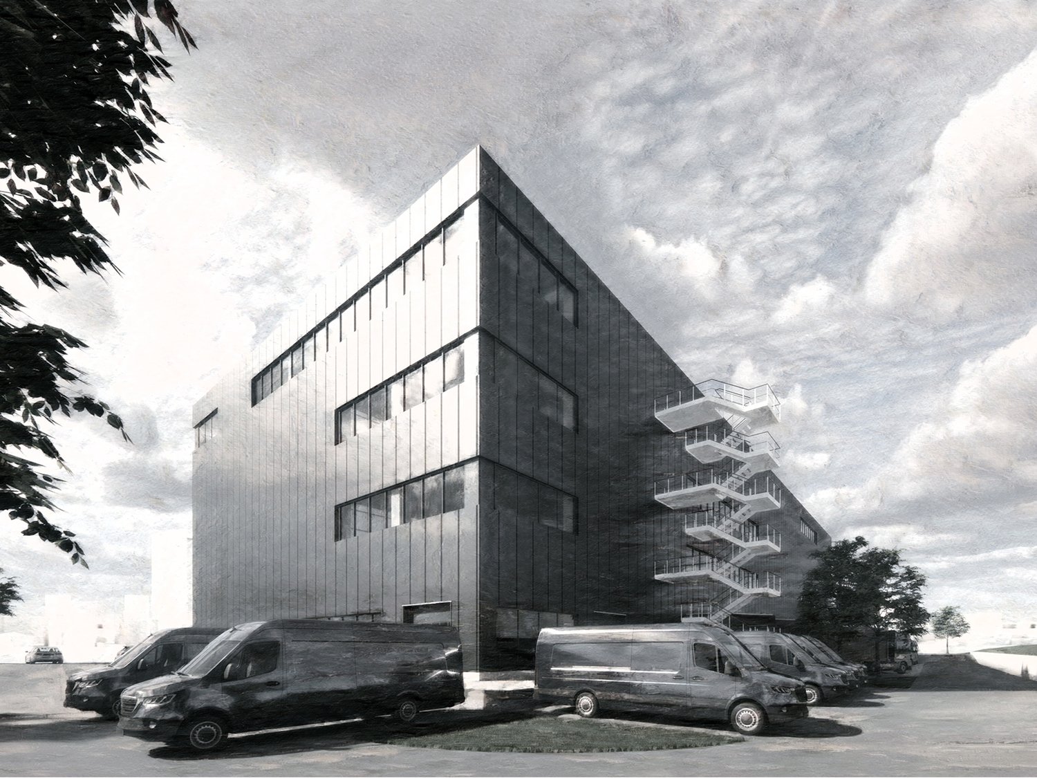 modern building, multiple windows, staircase, multiple vans parked in front