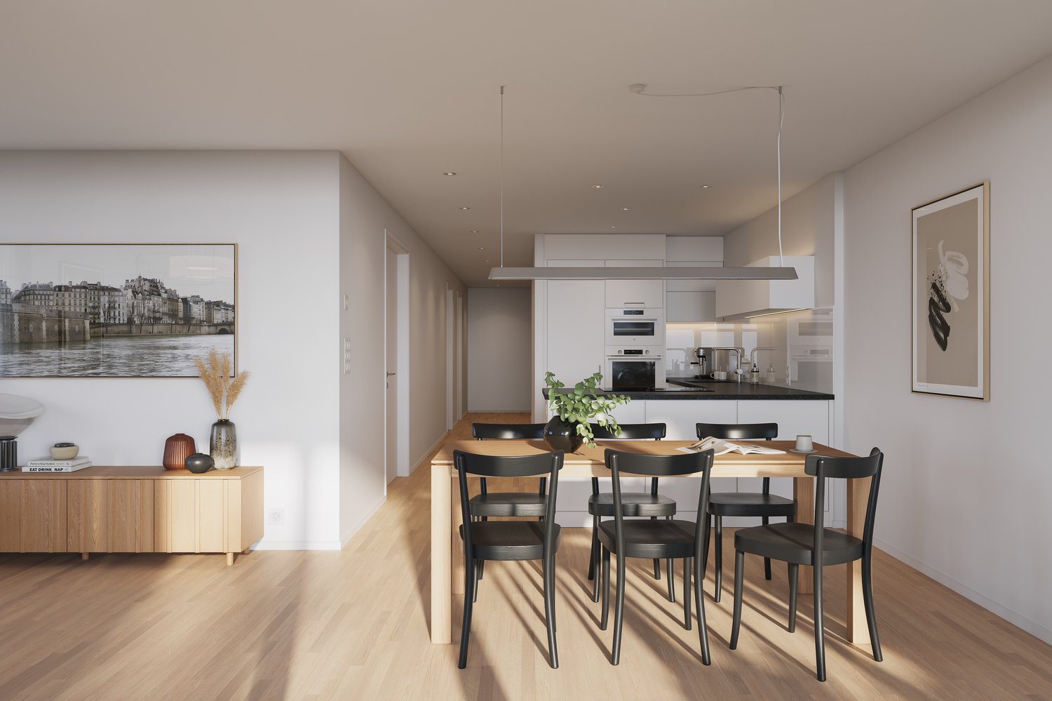 wooden dining table, black chairs, open plan to the kitchen with black countertop, integrated dishwasher, oven, washing machine