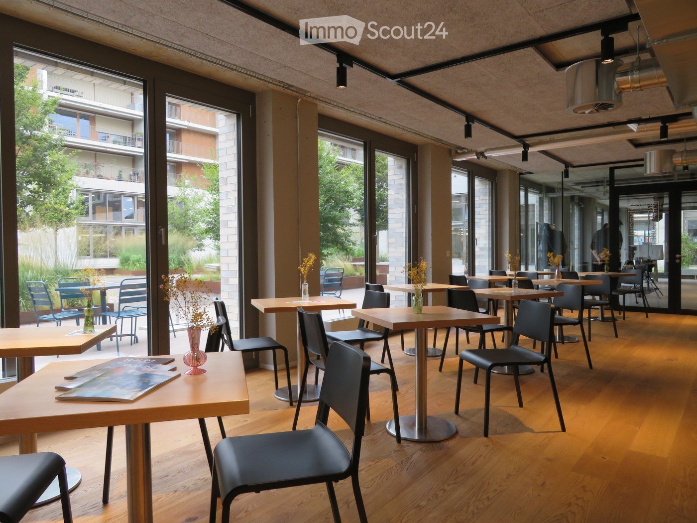Wooden floor, modern chairs and tables, full length glass windows, plants outside