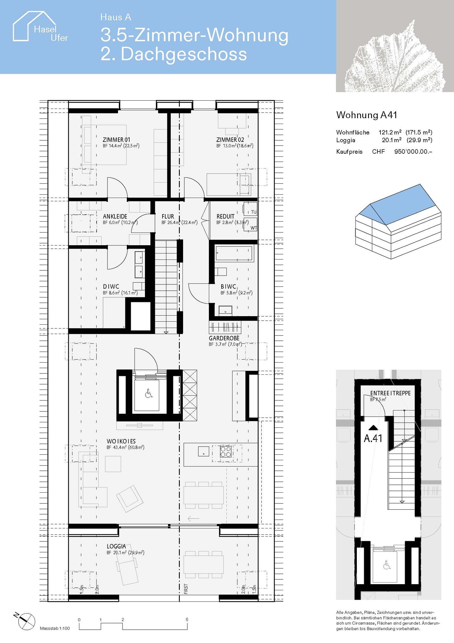 3.5-room apartment, 2nd attic floor, with bedroom 1, bedroom 2, living room, bathroom, dressing room, and hallway, plus an attic and entrance hall