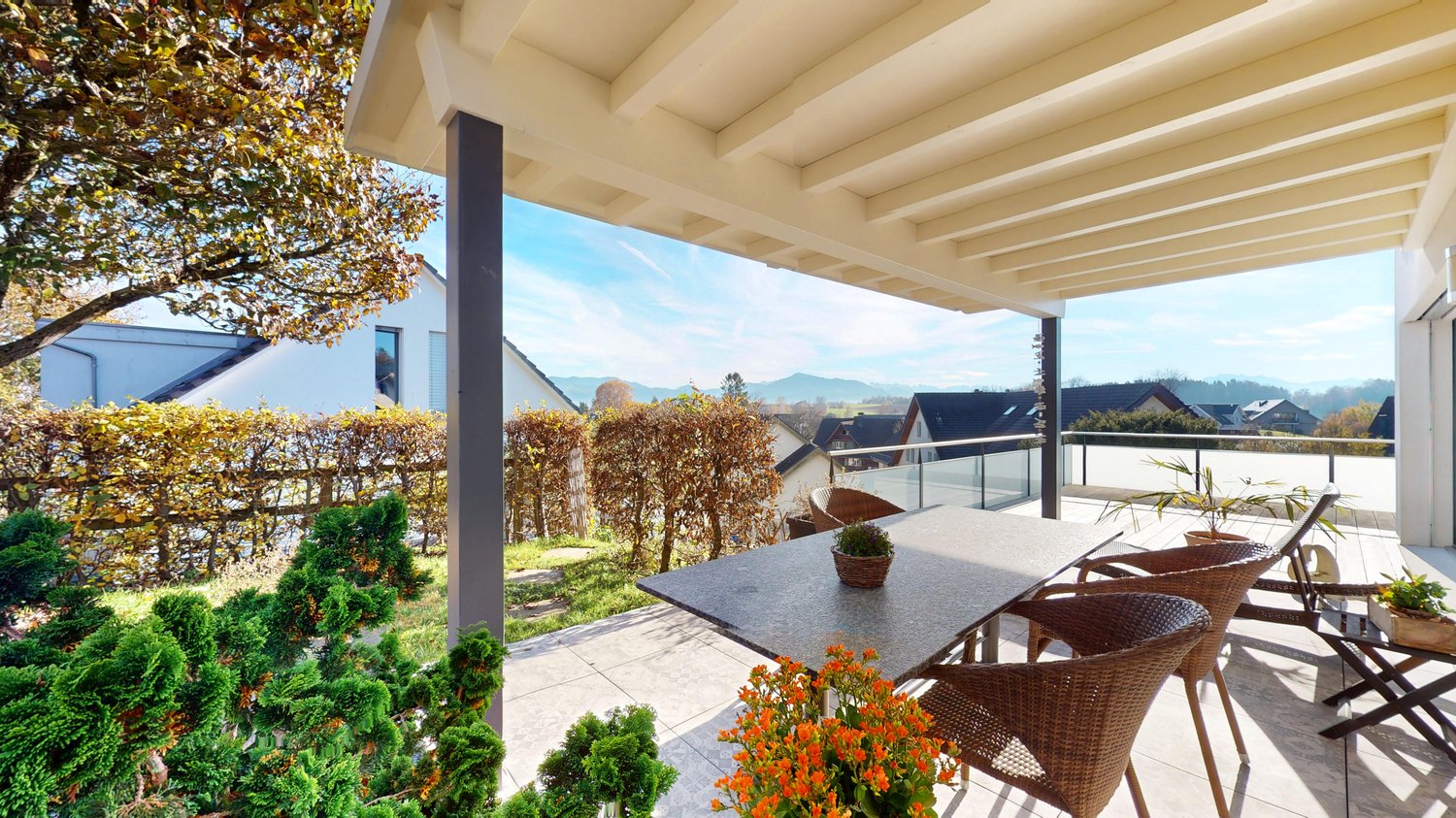 outdoor terrace, covered, wooden table, wicker chairs, potted plants, mountain view